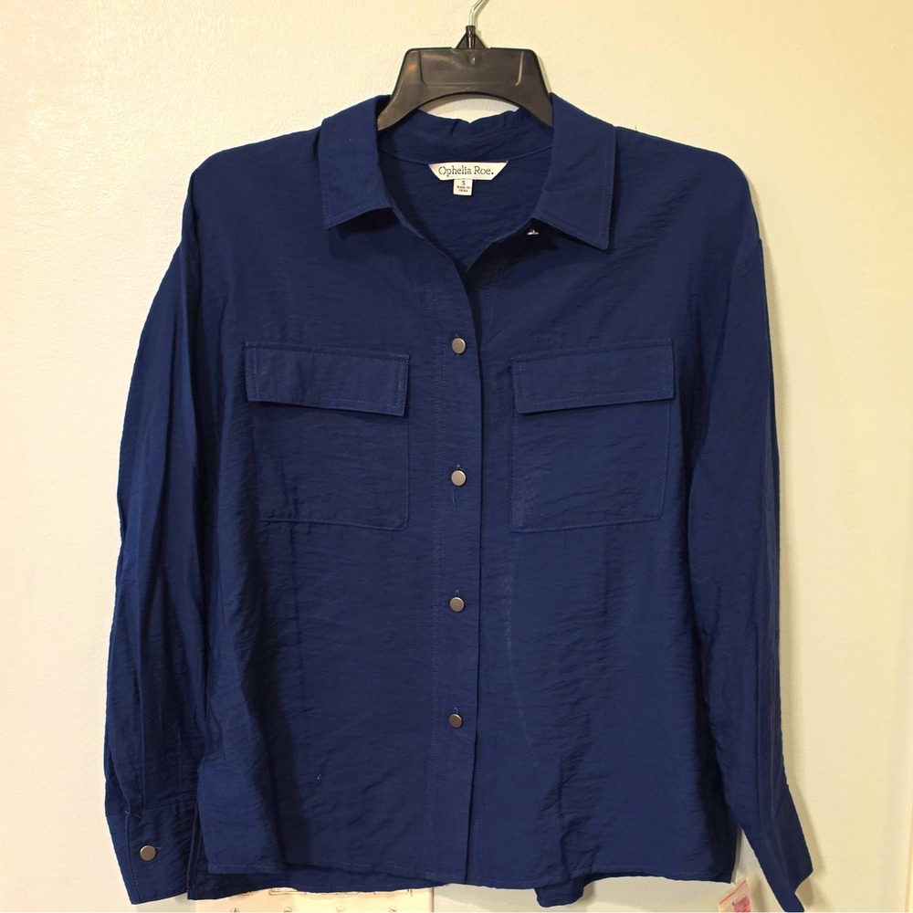 Ophelia Roe Blue Solid Collared Button-Up Long Sleeve Rayon Nylon S Pockets #118